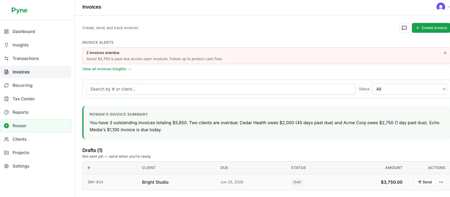 Pyne invoice tracking and payment signals